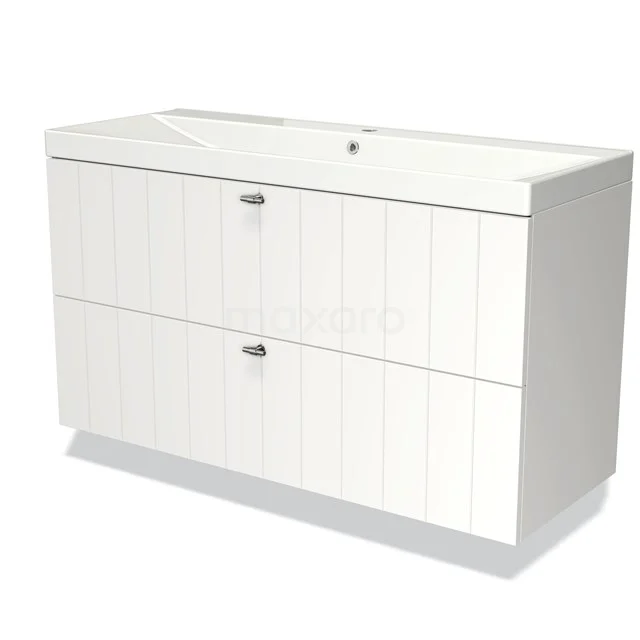 Wit badkamermeubel met moderne ribbelstructuur, keramische wastafel en twee ruime lades voor optimale badkameropslag.