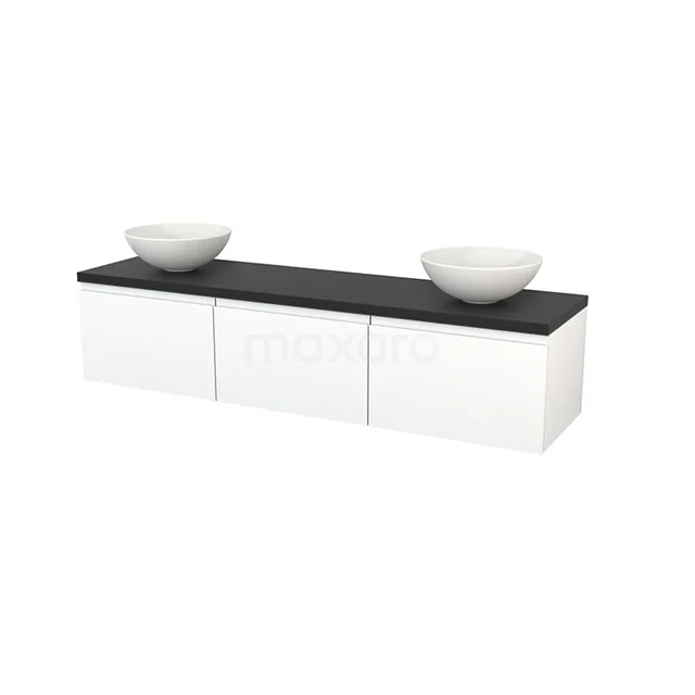 Modulo+ Plato Vanity units for countertop basin | 180 cm Matte white Handle-less front Carbon worktop 3 Side-by-side drawers BMK002484 White bathroom furniture set with black composite top, double countertop wash basins and soft-close drawers, ideal for modern bathrooms.