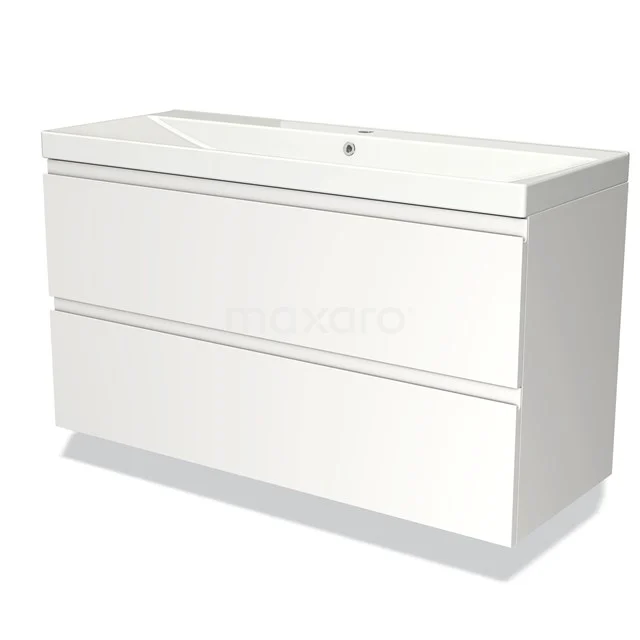 Witte badkamermeubelset met strak design, twee brede lades en keramische wastafel, ideaal voor moderne badkamers.