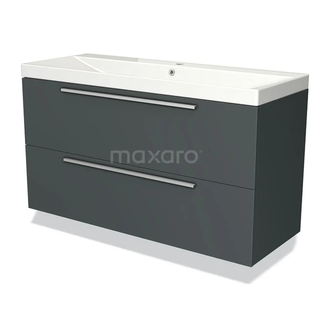 Dark grey bathroom cabinet with two drawers, modern design and white ceramic basin, ideal for stylish bathroom storage.