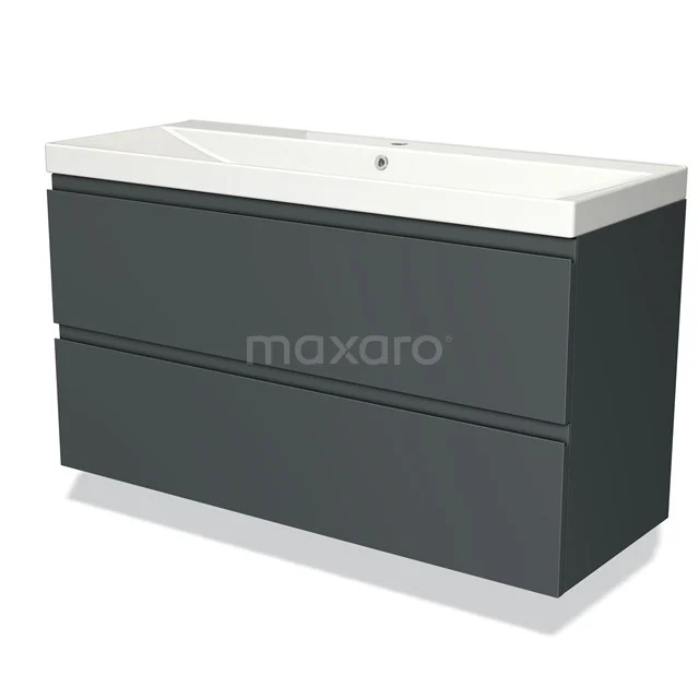Anthracite-grey vanity unit with two drawers, sleek design, and ceramic basin, ideal for modern bathroom style.