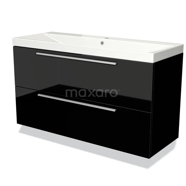Zwart hoogglans wastafelmeubel met dubbele lades en witte keramische wastafel, ideaal voor moderne badkamerinrichtingen.
