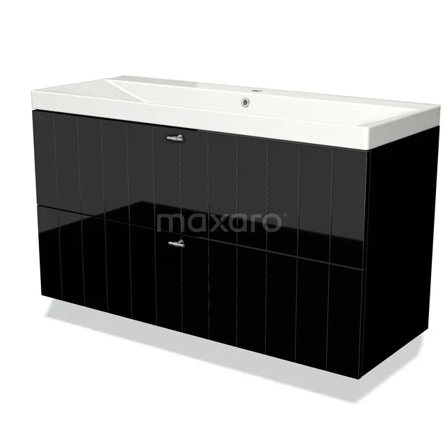 Modulo Vanity units with basin | 120 cm High-gloss black Slat front Ceramic 2 Stacked drawers BMW17-03036 Black vanity unit with high-gloss finish and integrated basin, ideal for a modern bathroom style.