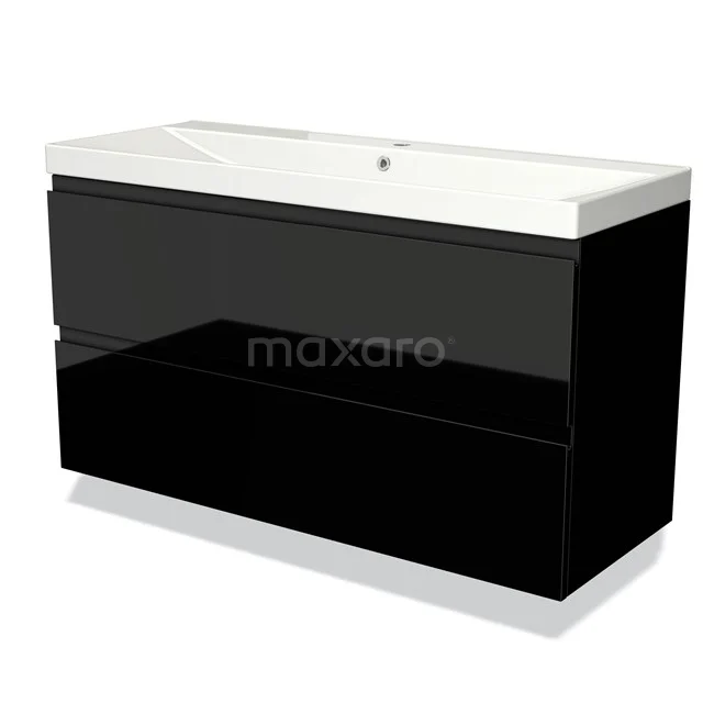 Zwarte wastafelmeubel met glanzende afwerking, twee lades en keramische wastafel, perfect voor een moderne badkamer.