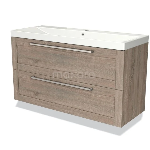 Houten badkamermeubel met twee brede lades, licht eiken afwerking en witte keramische wastafel, ideaal voor moderne badkamers.