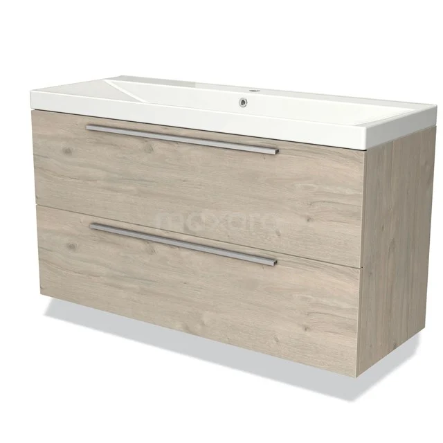 Houten badkamermeubel met twee lades, licht eiken afwerking, ingebouwde wastafel en moderne metalen handgrepen.