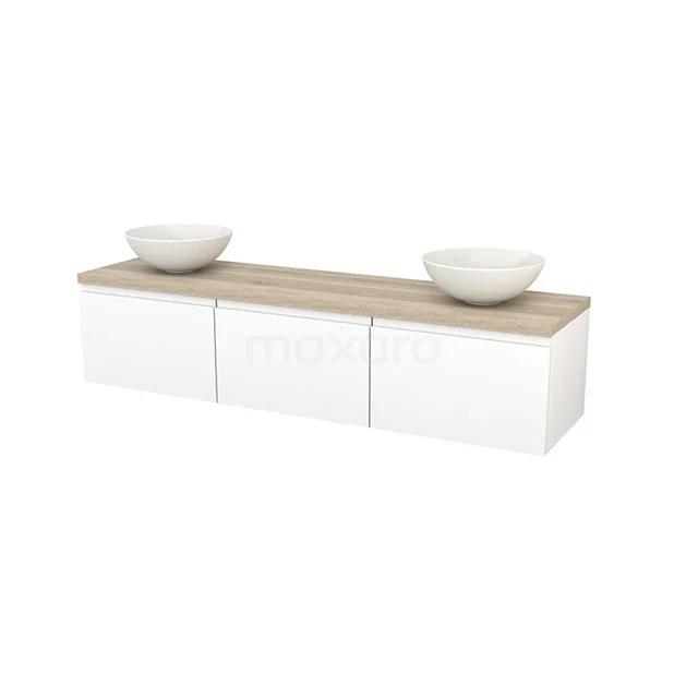 Weißes Holz-Badmöbel mit Eichenplatte, doppelten Waschbecken und drei Schubladen, modernes Design für stilvolle Badezimmerlagerung.