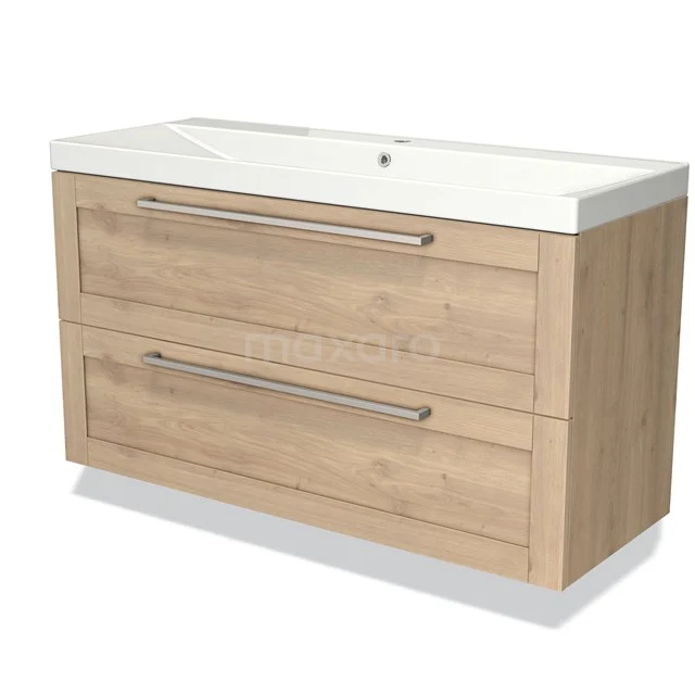 Lichte houten badkamermeubel met twee lades, RVS handgrepen en geïntegreerde witte wastafel, ideaal voor moderne badkamers.