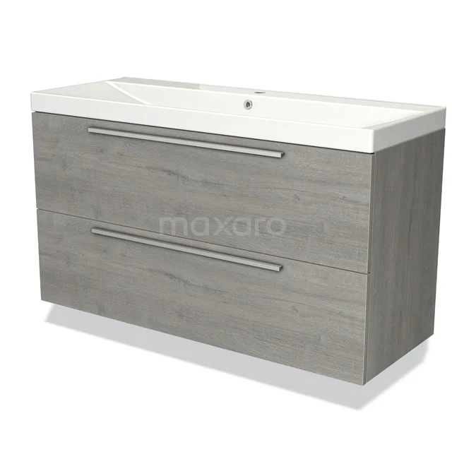 Grijze houten badkamermeubel met twee lades en witte keramische wastafel, modern design.