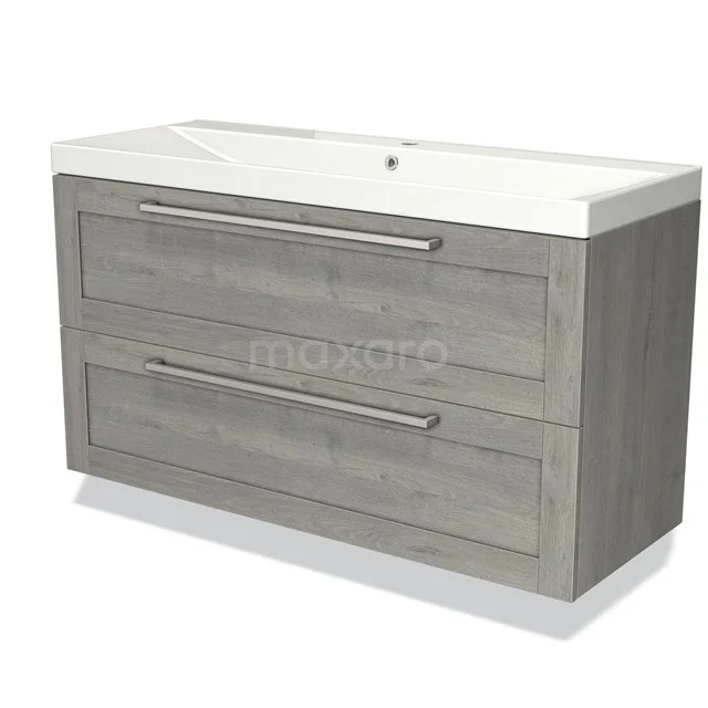 Grijze hangende badkamermeubelset met dubbele lades, houtlook afwerking en witte keramische wastafel.
