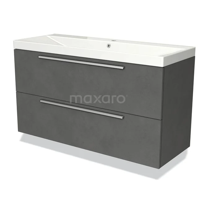 Graues Badezimmermöbel mit doppelter Schublade, matte Oberfläche, keramisches Waschbecken, modernes Design, ideal für stilvolles Badezimmerinterieur.