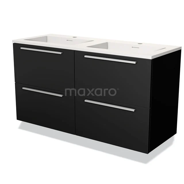 Zwarte dubbele wastafelkast met glanzende afwerking, twee witte keramische wastafels, ideaal voor moderne badkamers.