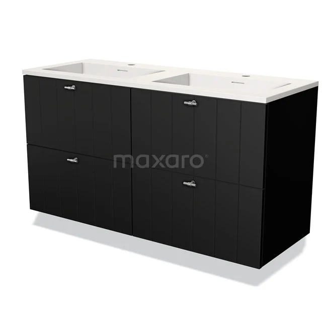 Badmöbel 120cm Modulo Matt Schwarz 4 Schubladen Slat Waschbecken Solid Surface BMW18-00649 Schwarze doppelte Badmöbelset mit weißem keramischen Waschbecken, klaren Linien und modernen Aufbewahrungsschränken.