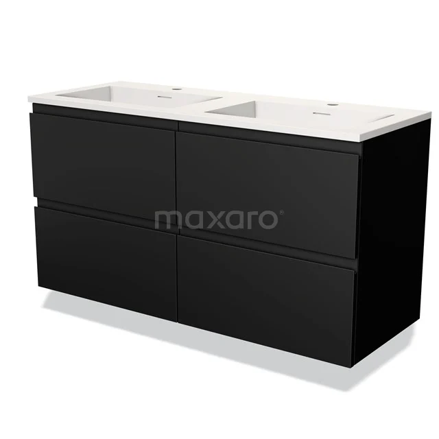 Zwart houten badkamermeubel met dubbele witte wastafel, strak design en softclose lades, ideaal voor moderne badkamers.