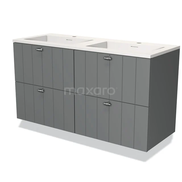 Grijze badkamerkast met dubbele wastafel, moderne verticale lijnen, vier deuren, perfect voor extra opbergruimte in de badkamer.