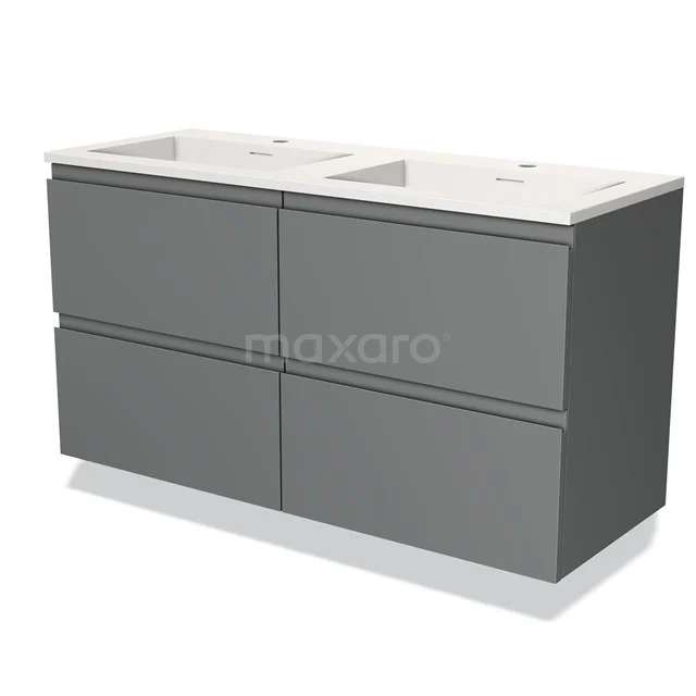 Grijze dubbele wastafelmeubel met strakke ladevormen, keramisch blad en modern design; ideaal voor stijlvolle badkamers.