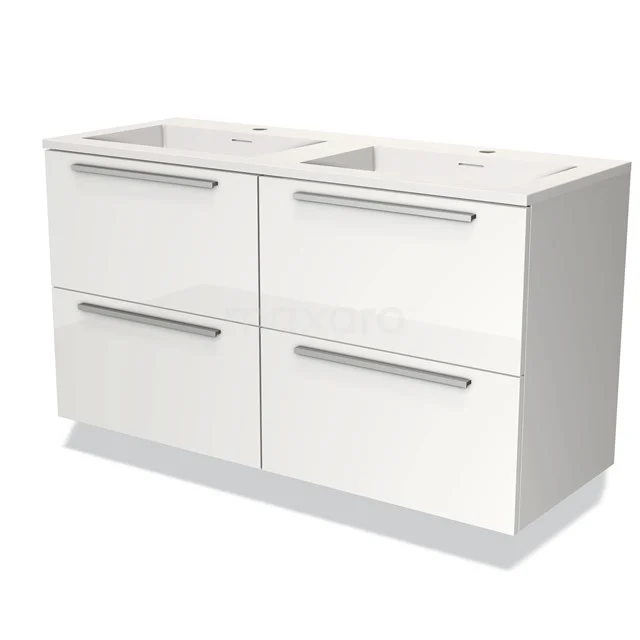 Witte dubbele wastafelonderkast, modern design, vier lades met chromen handgrepen, ideaal voor extra opbergruimte in de badkamer.