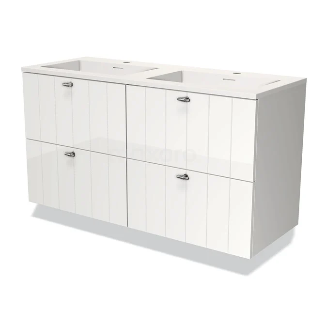 Weiße doppelte Badschrank mit 4 Schubladen, modernen Paneelen, Kunststoffoberfläche und integriertem Waschbecken.