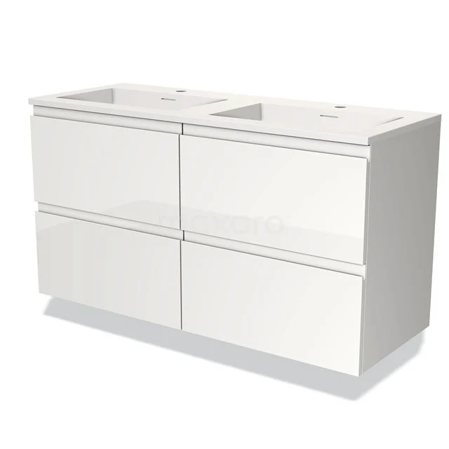 White bathroom unit with double basin, four handleless drawers, modern design in high-gloss MDF.
