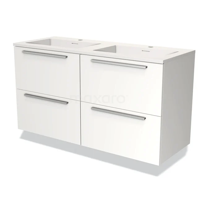 Witte dubbele wastafelmeubel met vier soft-close lades, strak design, ideaal voor moderne badkameropslag.
