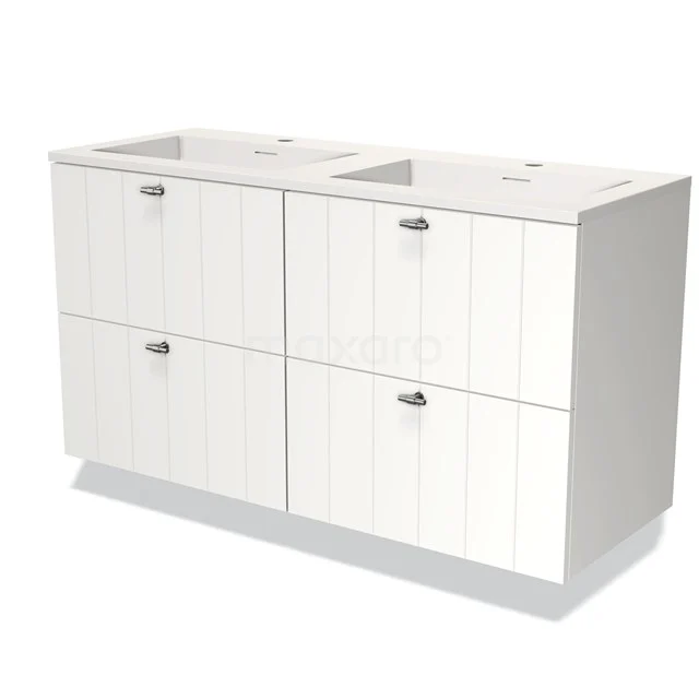 Witte badkamermeubelset met dubbele wastafel en vier geribbelde ladekasten, modern ontwerp voor een stijlvolle badkamer.