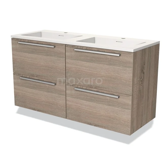 Houten badkamermeubel met twee witte wastafels, vier lades en moderne metalen grepen, ideaal voor stijlvolle badkamerinrichting.