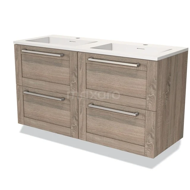 Holz Badezimmermöbel mit Doppelwaschbecken, Eiche-Look, vier Schubladen und modernem Design. Geeignet für ein stilvolles Badezimmer.
