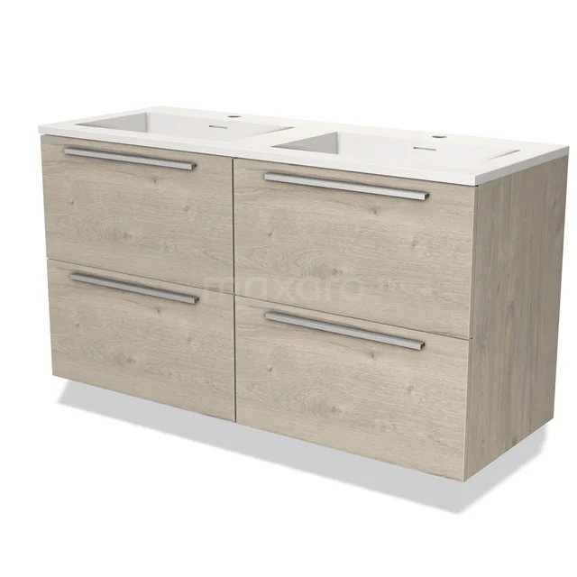 Houten badkamermeubel met dubbele wastafel, licht eiken afwerking, vier lades en minimalistisch design voor moderne badkamers.
