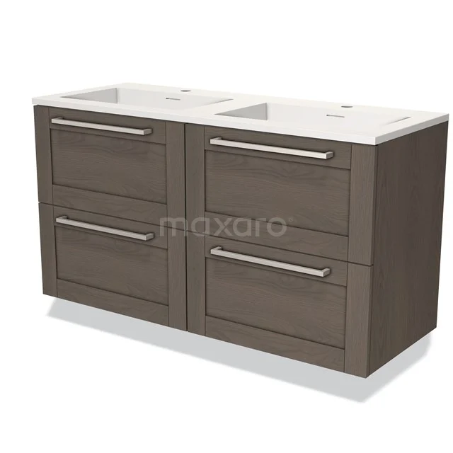 Bruine dubbele wastafel met vier lades, modern design, ideaal voor badkameropslag, gemaakt van houtlook materiaal.