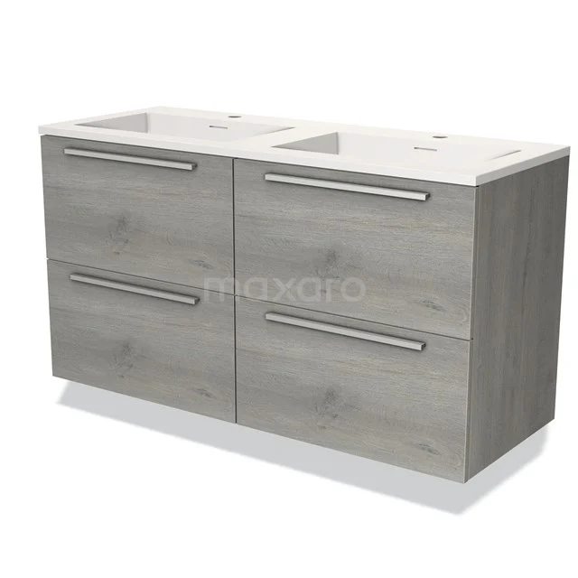 Dubbele wastafelmeubel in grijs houtdesign met vier lades, perfect voor een stijlvolle en georganiseerde badkamer.