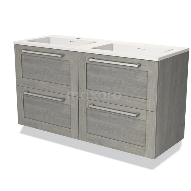 Modulo Bathroom furniture with sink | 120 cm Grey oak Bordered front Solid surface 4 drawers BMW18-00677 Vanity unit in light grey wood look with four drawers, ideal for stylish bathroom storage.