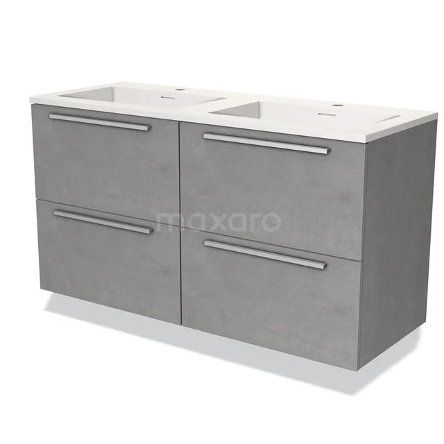 Grijze badmeubelset met dubbele wastafel, moderne betonlook, 4 lades met chroomgrepen, ideaal voor stijlvolle badkamers.
