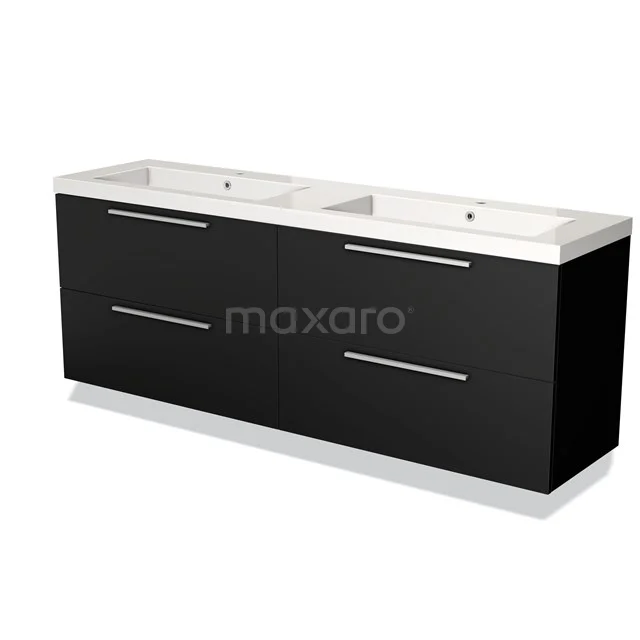 Zwart dubbel wastafelmeubel met witte keramische wasbak, minimalistisch design, ideaal voor een moderne badkamer.
