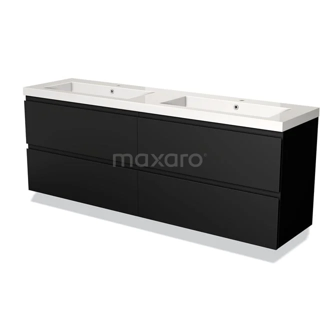 Badmöbel 180cm Modulo Matt Schwarz 4 Schubladen Griffloses Waschbecken Mineralguss BMW18-00682 Schwarze doppelte Badmöbelset mit weißem keramischen Waschbecken, schlichtem Design und großzügigen Stauraummöglichkeiten.