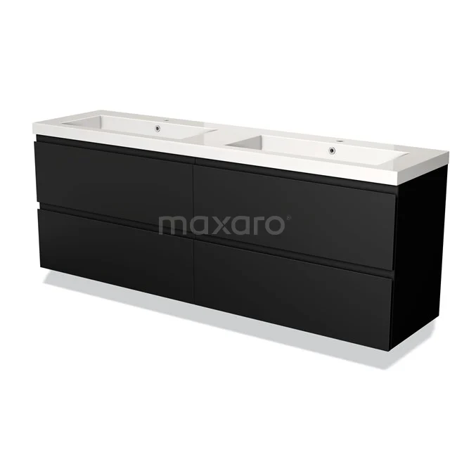 Schwarze doppelte Badmöbelset mit weißem keramischen Waschbecken, schlichtem Design und großzügigen Stauraummöglichkeiten.