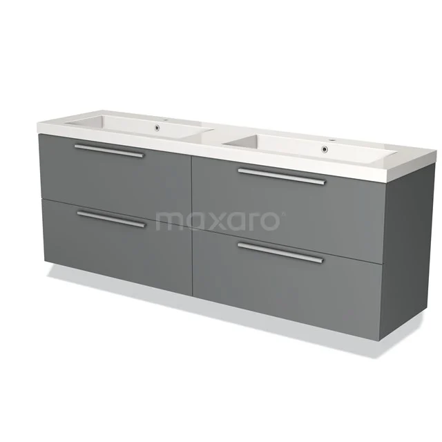 Grijze badkamermeubelset met dubbele wastafel, vier lades, modern design en duurzame afwerking voor stijlvolle badkamers.