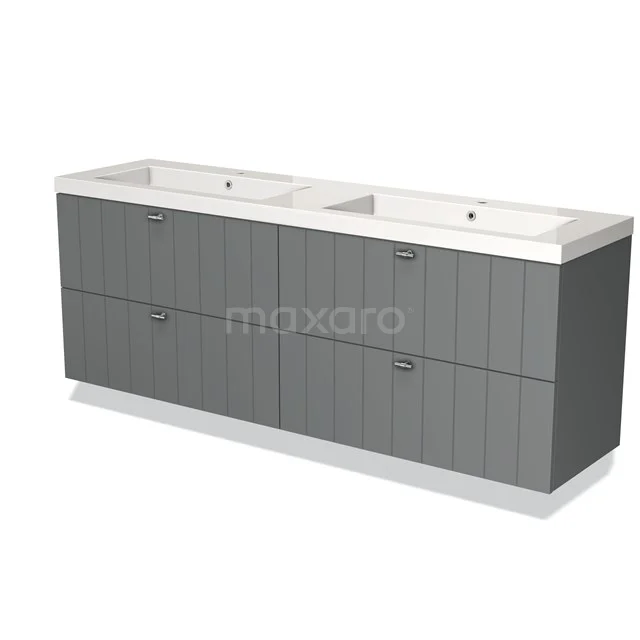 Grijze dubbele wastafelmeubel met verticale houtstructuur, vier lades en wit keramische wasbakken, ideaal voor moderne badkamers.