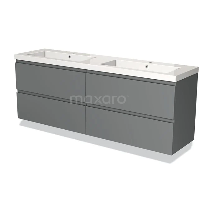 Grijze dubbel wastafelmeubel met strak design, ladekasten en keramische spoelbakken, ideaal voor moderne badkamers.