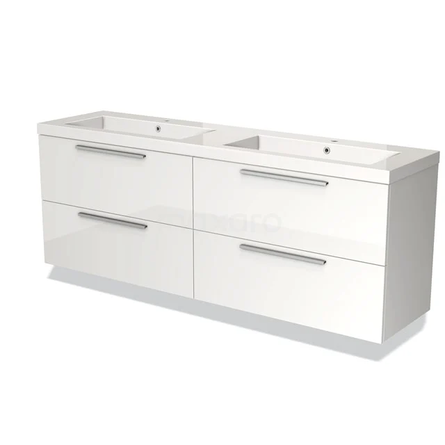Double white vanity unit with modern silver handles, suitable for stylish and functional bathroom design.