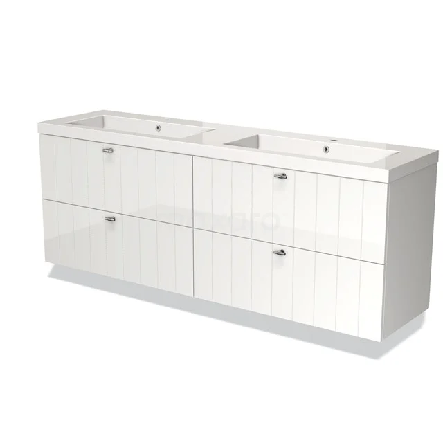 Modulo Vanity units with basin | 180 cm High-gloss white Slat front Mineral marble 4 drawers BMW18-00687 White double vanity unit with six drawers, modern style, glossy finish, ideal for bathroom storage.