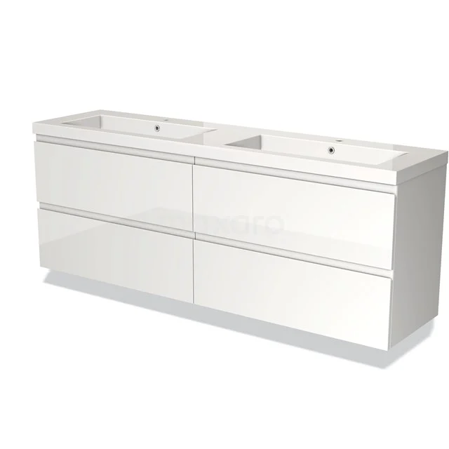 Wit, hoogglans badkamermeubel met dubbele wastafel, strak design en twee brede laden voor praktische opbergruimte.