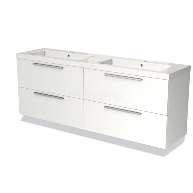 Wit, dubbel wastafelmeubel met 4 lades, moderne chromen grepen; ideaal voor extra opbergruimte in de badkamer.