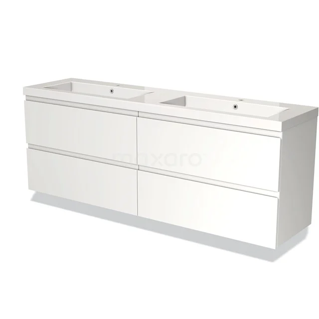 Witte design badkamermeubelset met dubbele wastafel, glanzende afwerking en ruime lades voor praktische opbergruimte.