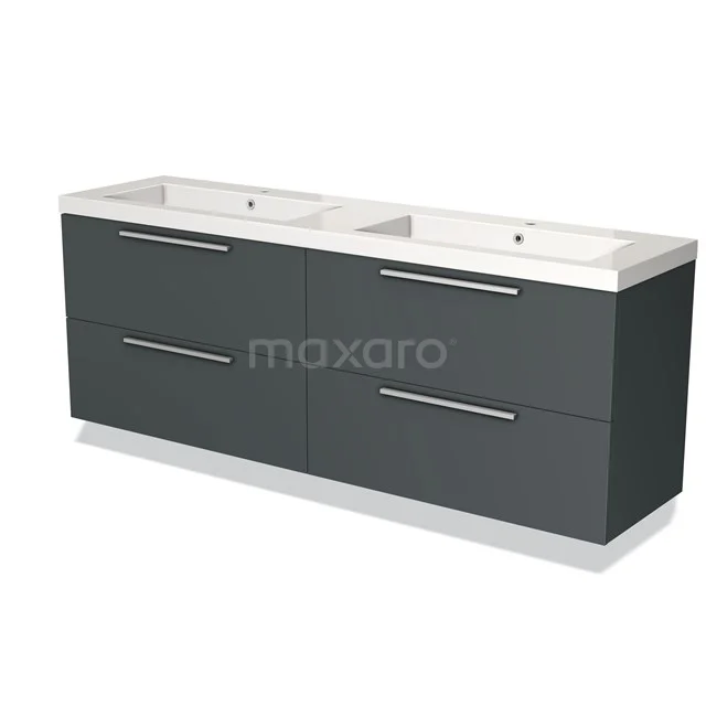 Grijze dubbele wastafelmeubel met vier lades, strak design, ideaal voor een moderne badkamer inrichting.