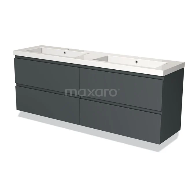 Grijze dubbele wastafel met mat afwerking, modern design en royale opberglades; ideaal voor een stijlvolle badkamer.
