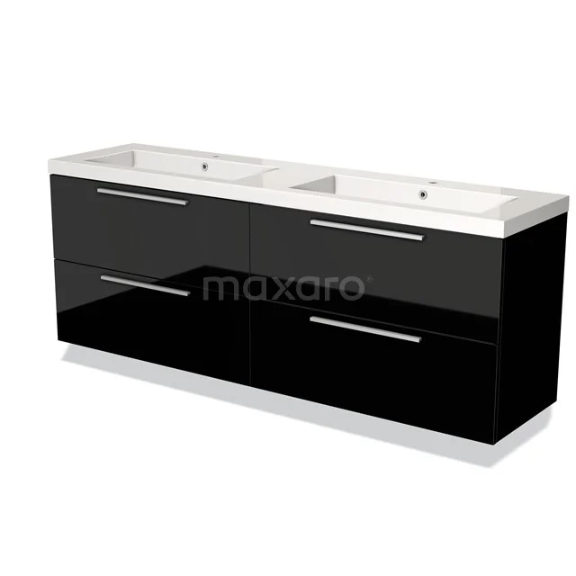 Zwarte dubbele wastafelmeubelset met hoogglans afwerking, vier lades en keramische wastafels, perfect voor moderne badkamers.