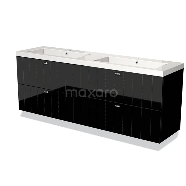 Schwarzes Doppelwaschbeckenmöbel mit Hochglanzoberfläche, weißer Keramik und Softclose-Schubladen, ideal für ein modernes Badezimmer.