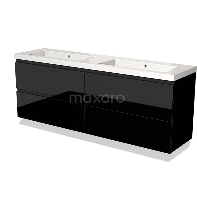 Zwarte dubbele wastafelmeubel met hoogglans afwerking en geïntegreerde opberglades, ideaal voor een moderne badkamer.
