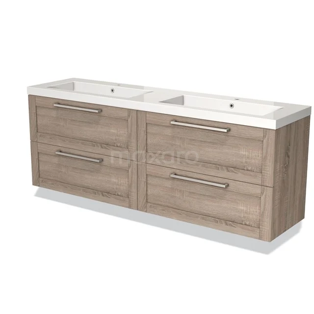 Houten badkamermeubel met dubbele wastafel, vier lades en moderne chromen handgrepen, ideaal voor een stijlvolle badkamer.
