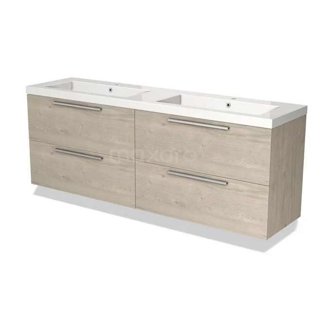 Dubbele wastafel met eikenhouten badkamermeubel, twee lades en witte keramische wasbakken, perfect voor moderne badkamers.